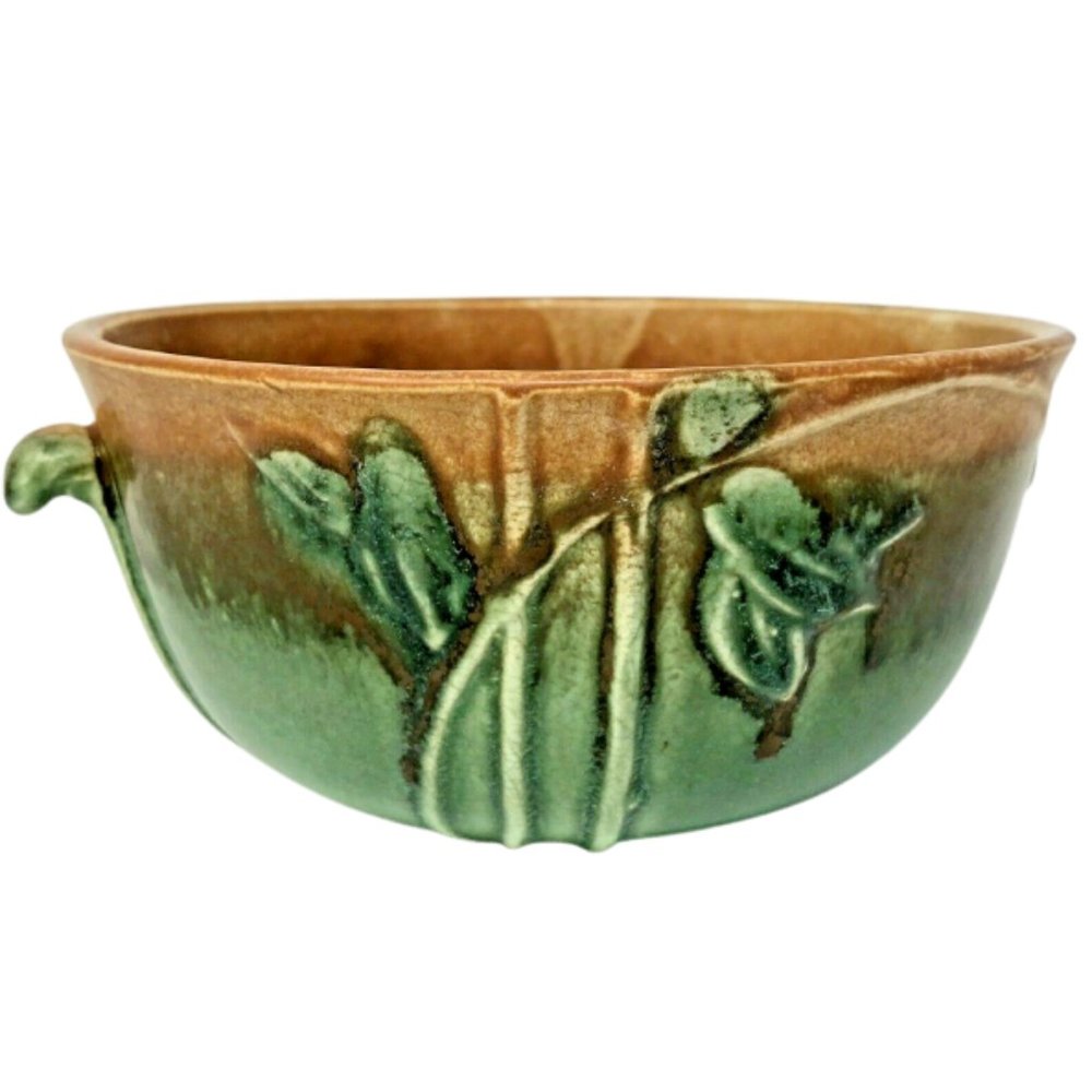 Vintage Art Pottery Bowl w/ Handles Leaf Motif Green Copper Made in Japan